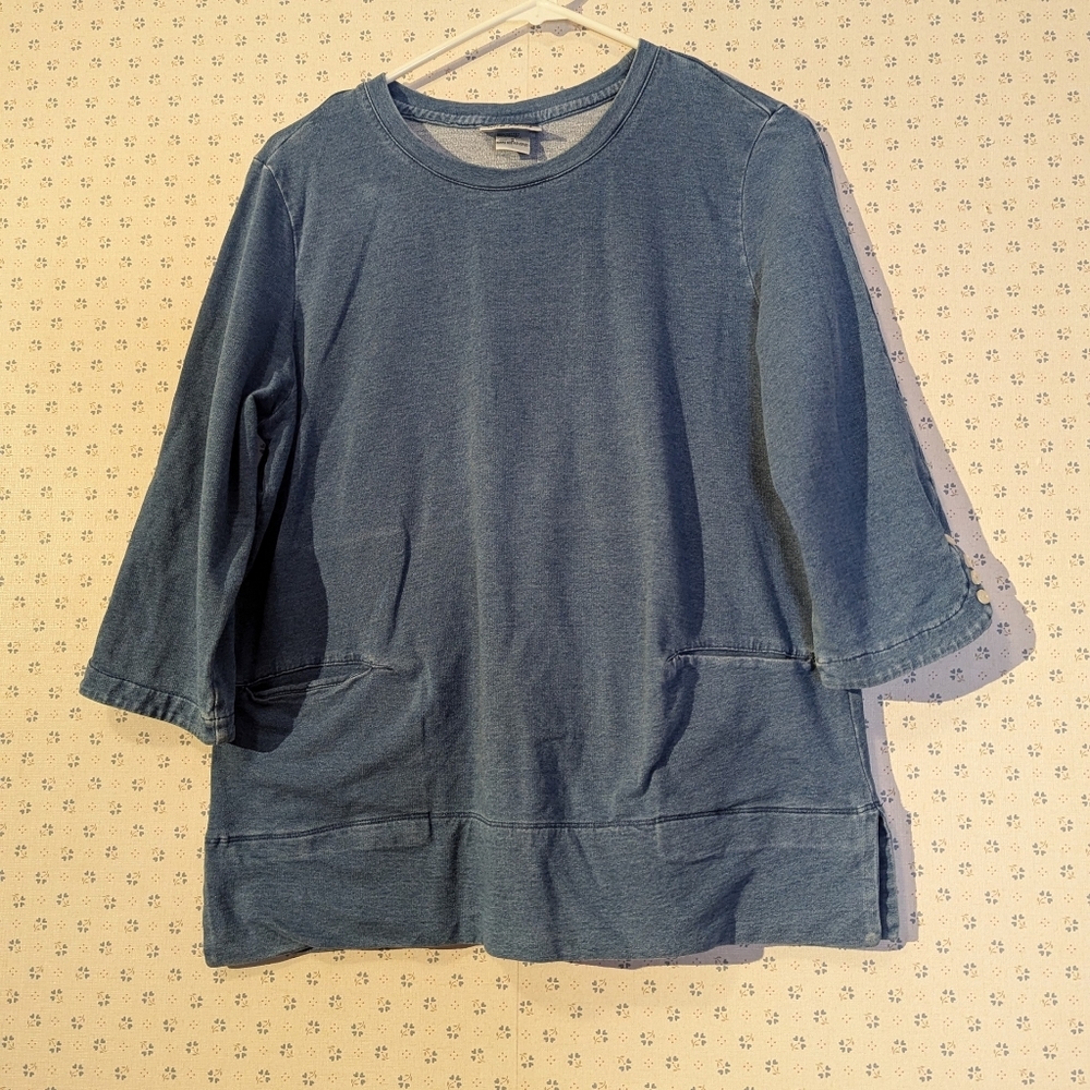 💙 Wild Palms Small 3/4 Sleeve Top with Pockets Shell Buttons Denim Cotton
